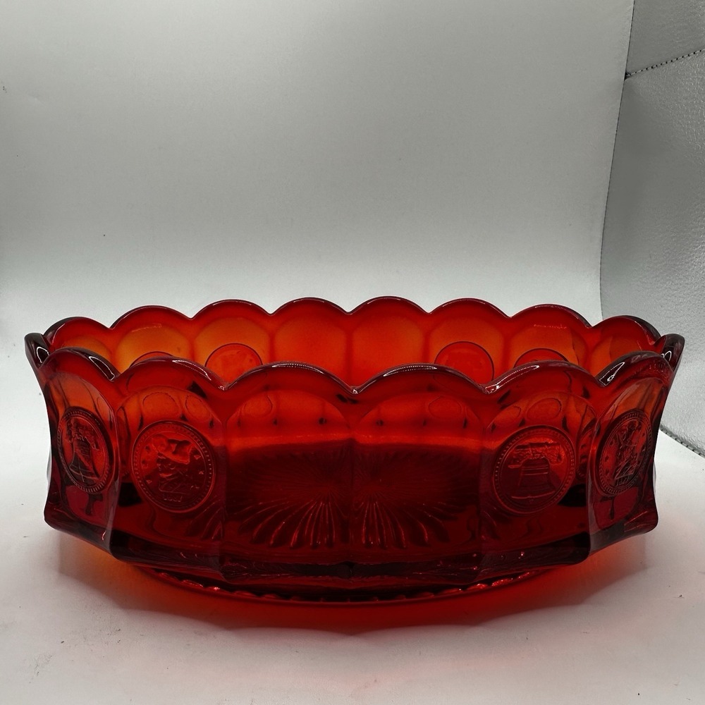 Vintage Fostoria Ruby Red Coin Scalloped Glass Console Bowl Dish Excellent Used - Picture 4 of 8
